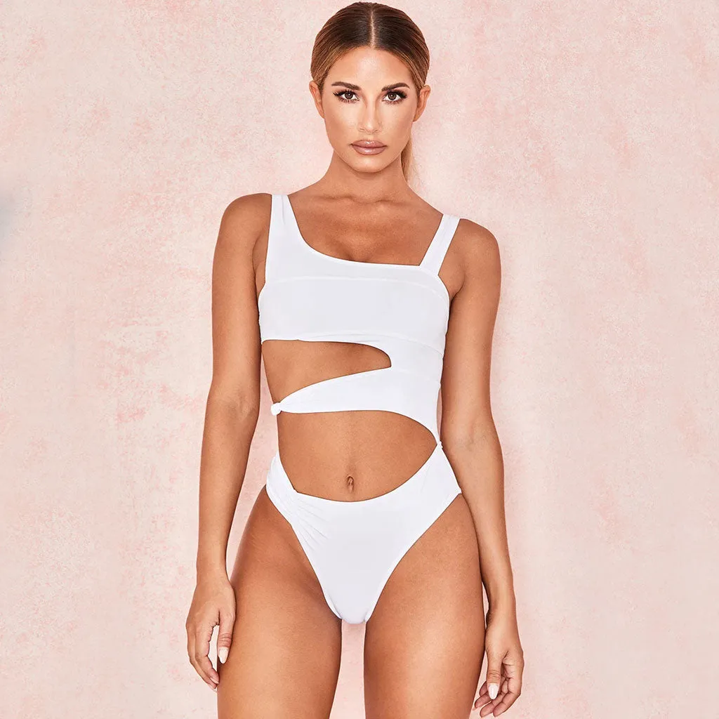 Unique Neck Cut Out High Leg One Piece Swimsuit - White