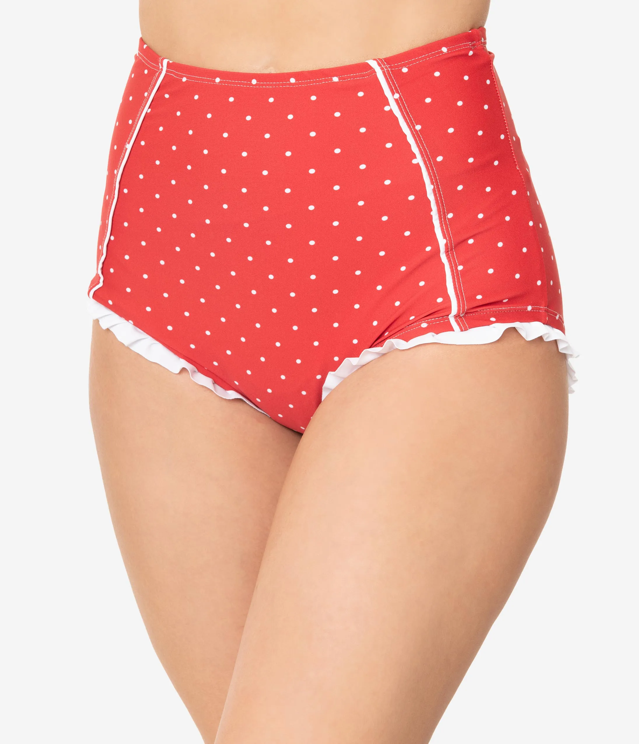 Unique Vintage Red & White Pin Dots Bette High Waist Swim Bottoms