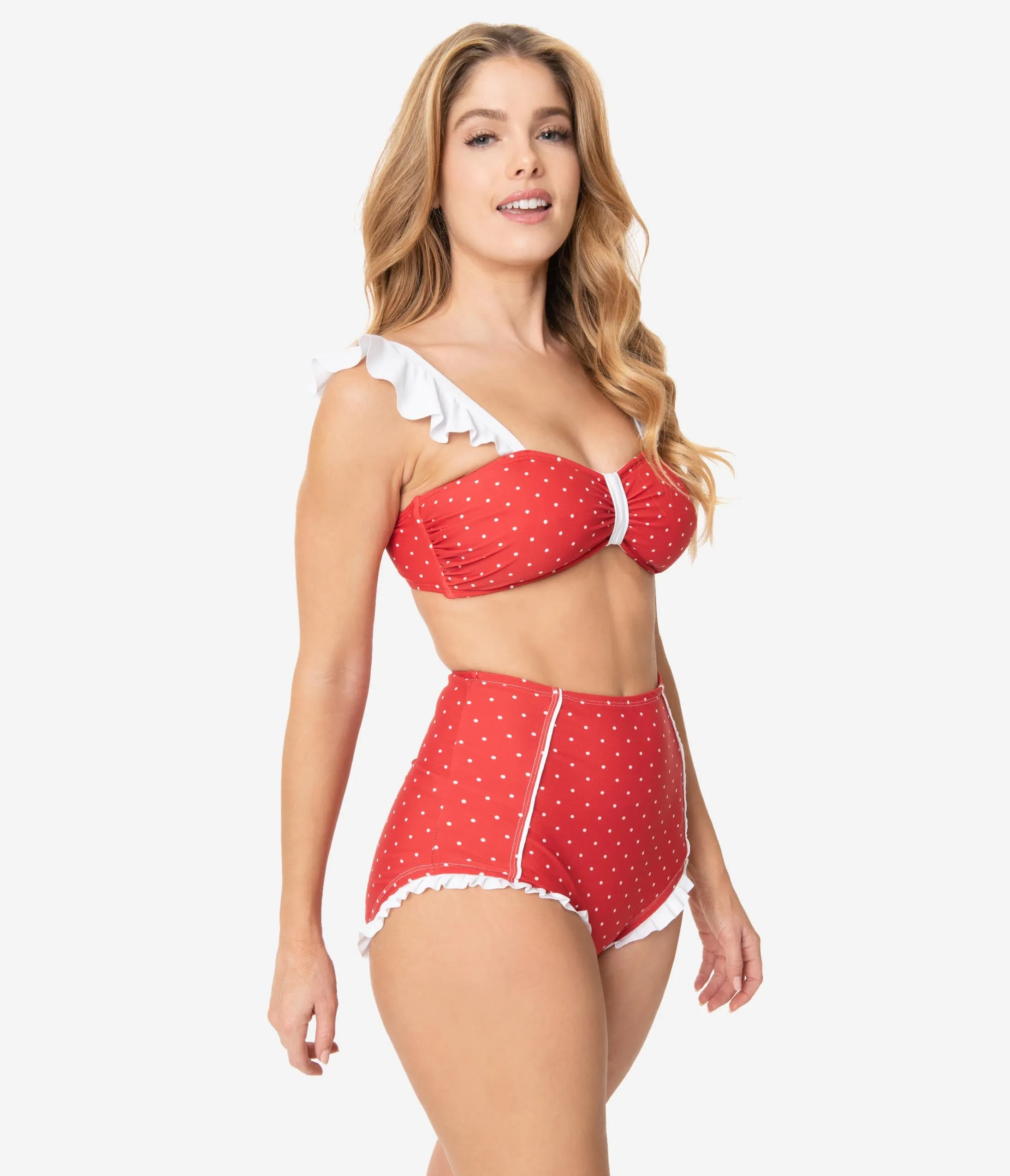 Unique Vintage Red & White Pin Dots Bette High Waist Swim Bottoms