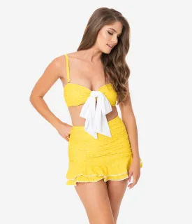 Unique Vintage Yellow & White Pin Dot Bow Rialto Bikini Top