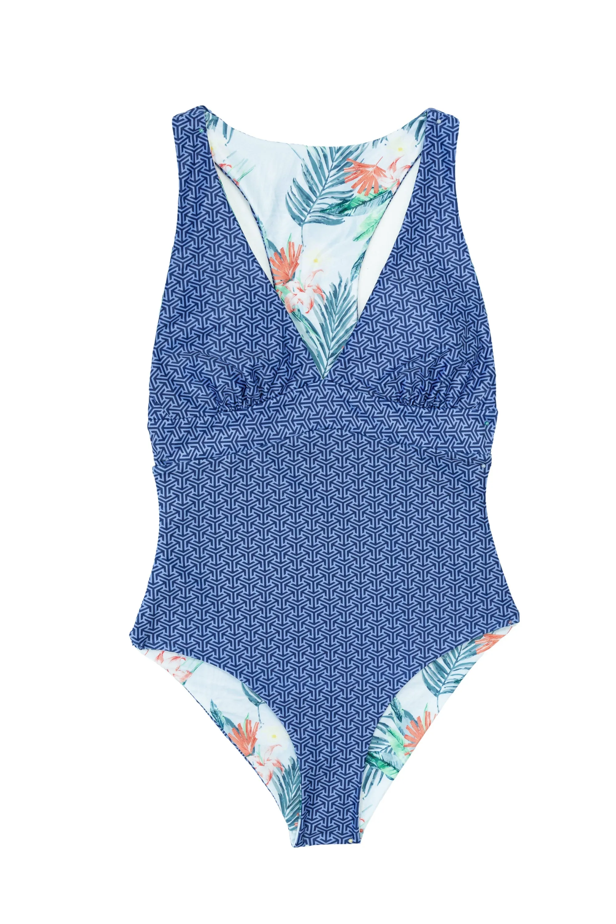 Valencia V-Neck One Piece - Reversible - Due South Blue / Hawaiian Tropic