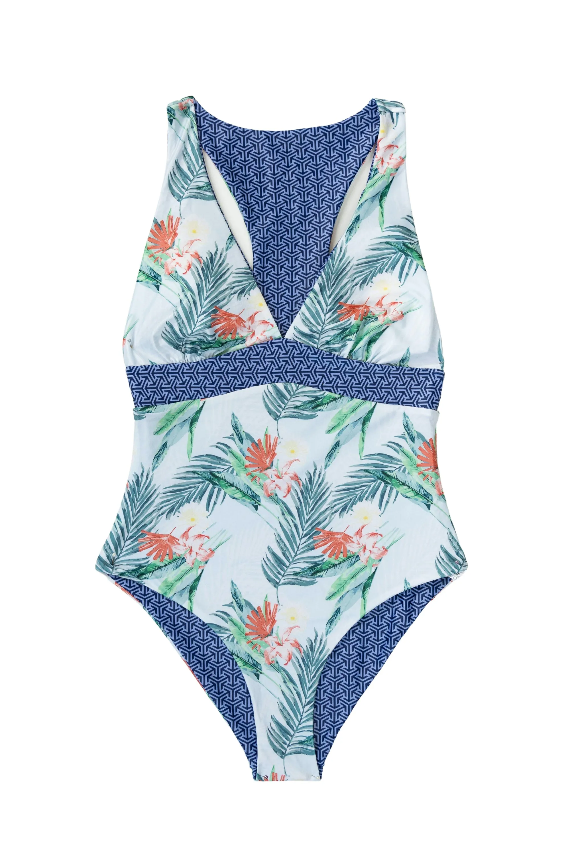 Valencia V-Neck One Piece - Reversible - Due South Blue / Hawaiian Tropic