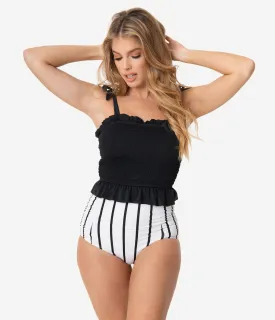 White & Black Stripe High Waist Swim Bottom