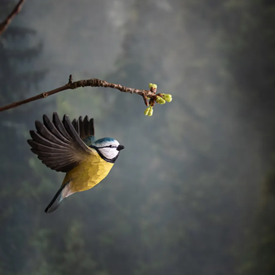 Wildlife Garden Decobird Hand Carved Wooden Figure of a Blue Tit in Flight