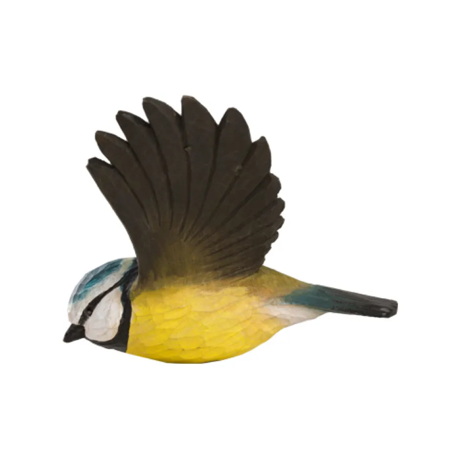 Wildlife Garden Decobird Hand Carved Wooden Figure of a Blue Tit in Flight