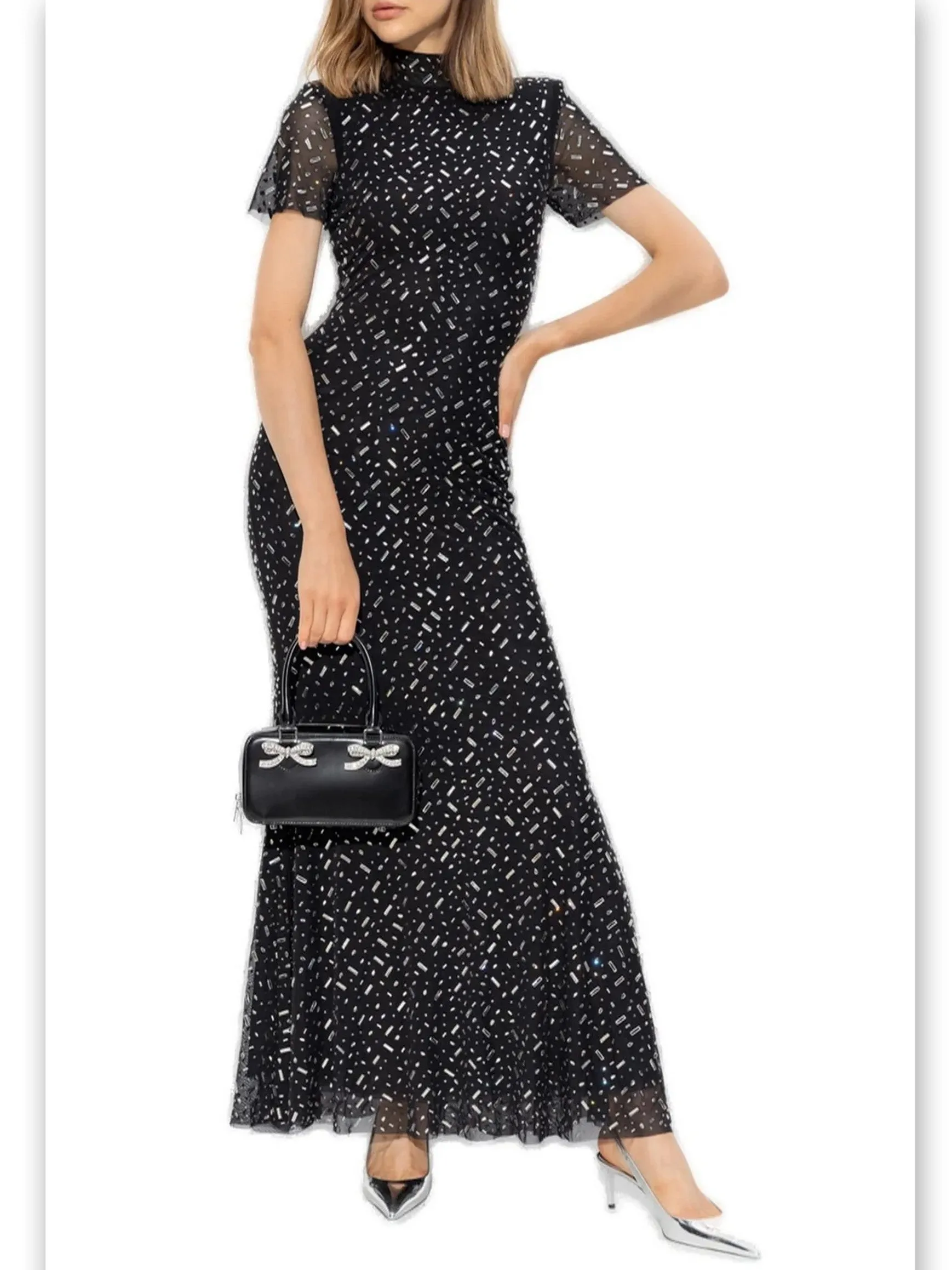 Women’s Applique-Embellished Long Mesh Black Gown