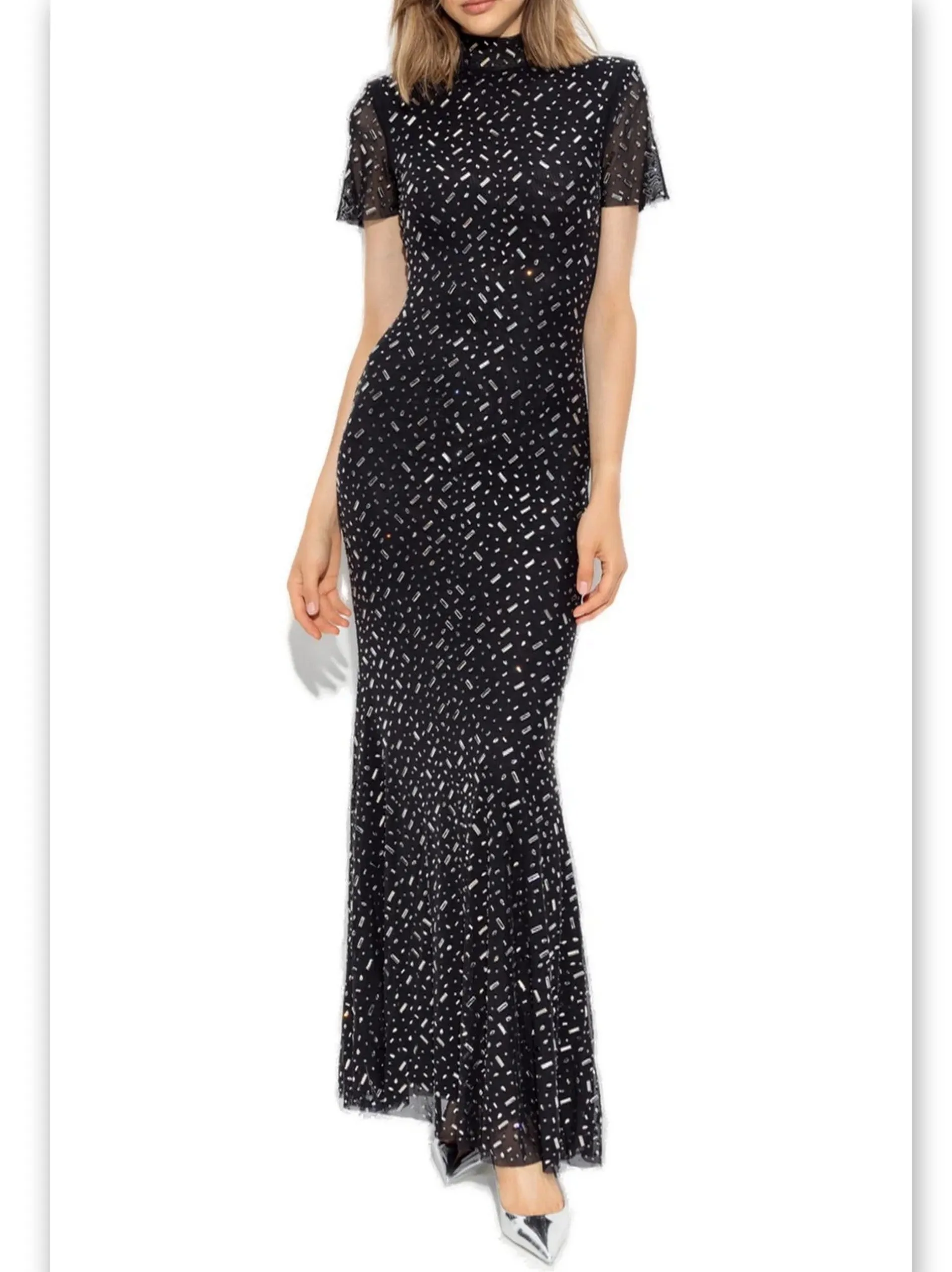 Women’s Applique-Embellished Long Mesh Black Gown