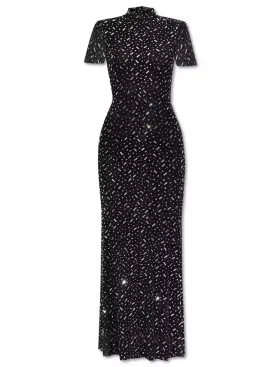 Women’s Applique-Embellished Long Mesh Black Gown