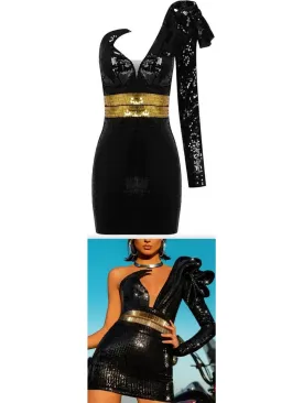 Women’s Black and Gold Sequin-Embellished One-Sleeve Mini Dress