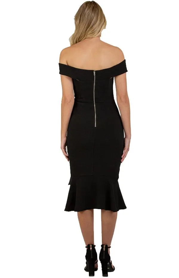 Women's Black Bodycon Off Shoulder with Cross Front Detail Dress