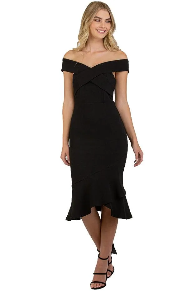 Women's Black Bodycon Off Shoulder with Cross Front Detail Dress