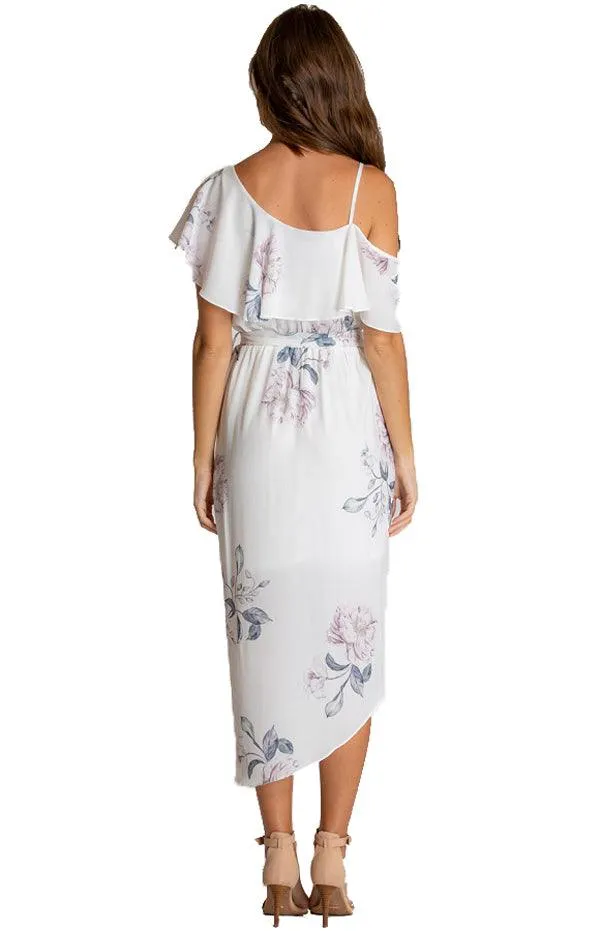 Women's White Floral V-Neckline Dress With Asymmetrical Hem