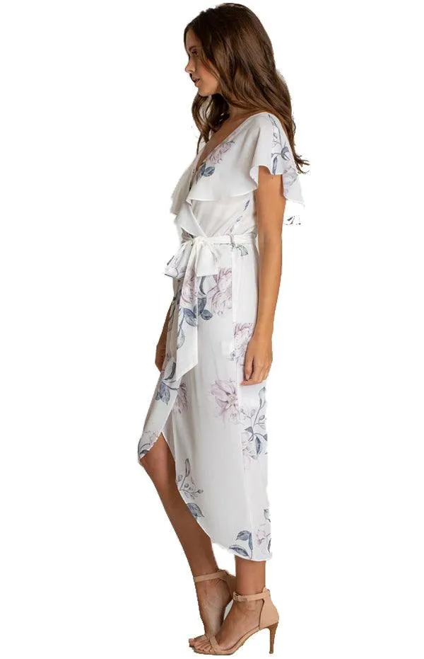 Women's White Floral V-Neckline Dress With Asymmetrical Hem