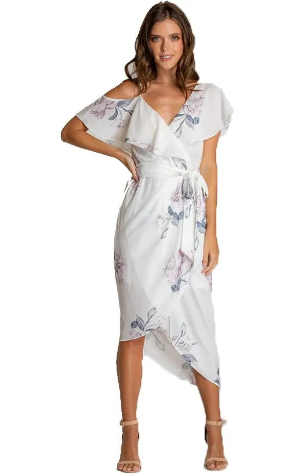 Women's White Floral V-Neckline Dress With Asymmetrical Hem