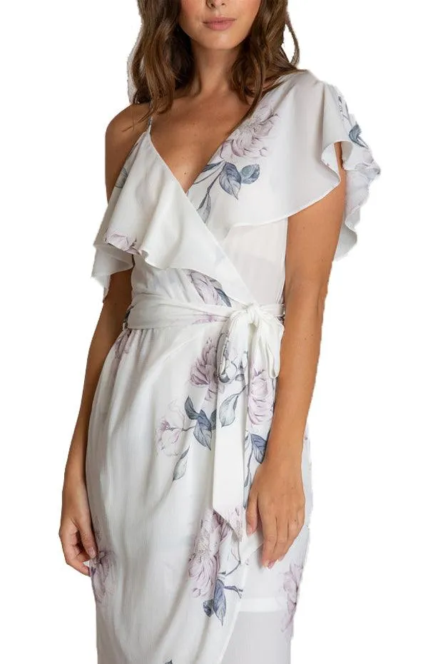 Women's White Floral V-Neckline Dress With Asymmetrical Hem