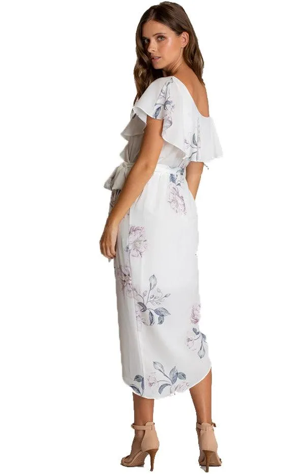 Women's White Floral V-Neckline Dress With Asymmetrical Hem